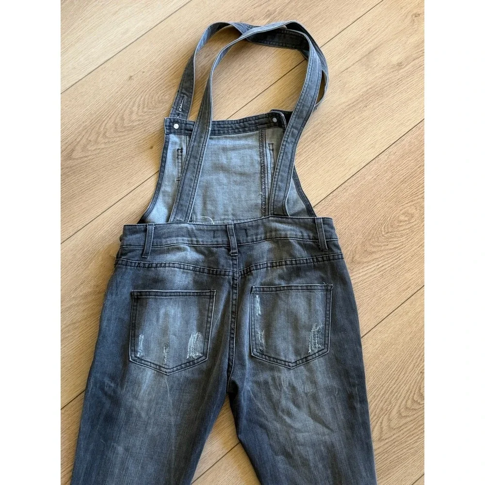Free People Gray Denim Overalls Slim Tapered Distressed Bib Dungarees Gray